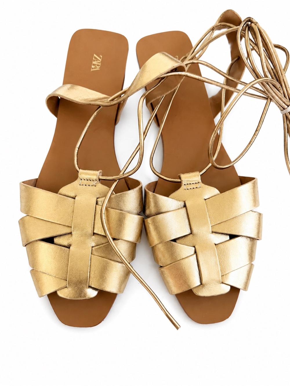 NWOT Zara Metallic Gold Woven Lace-Up Flat Sandals (Size 7)